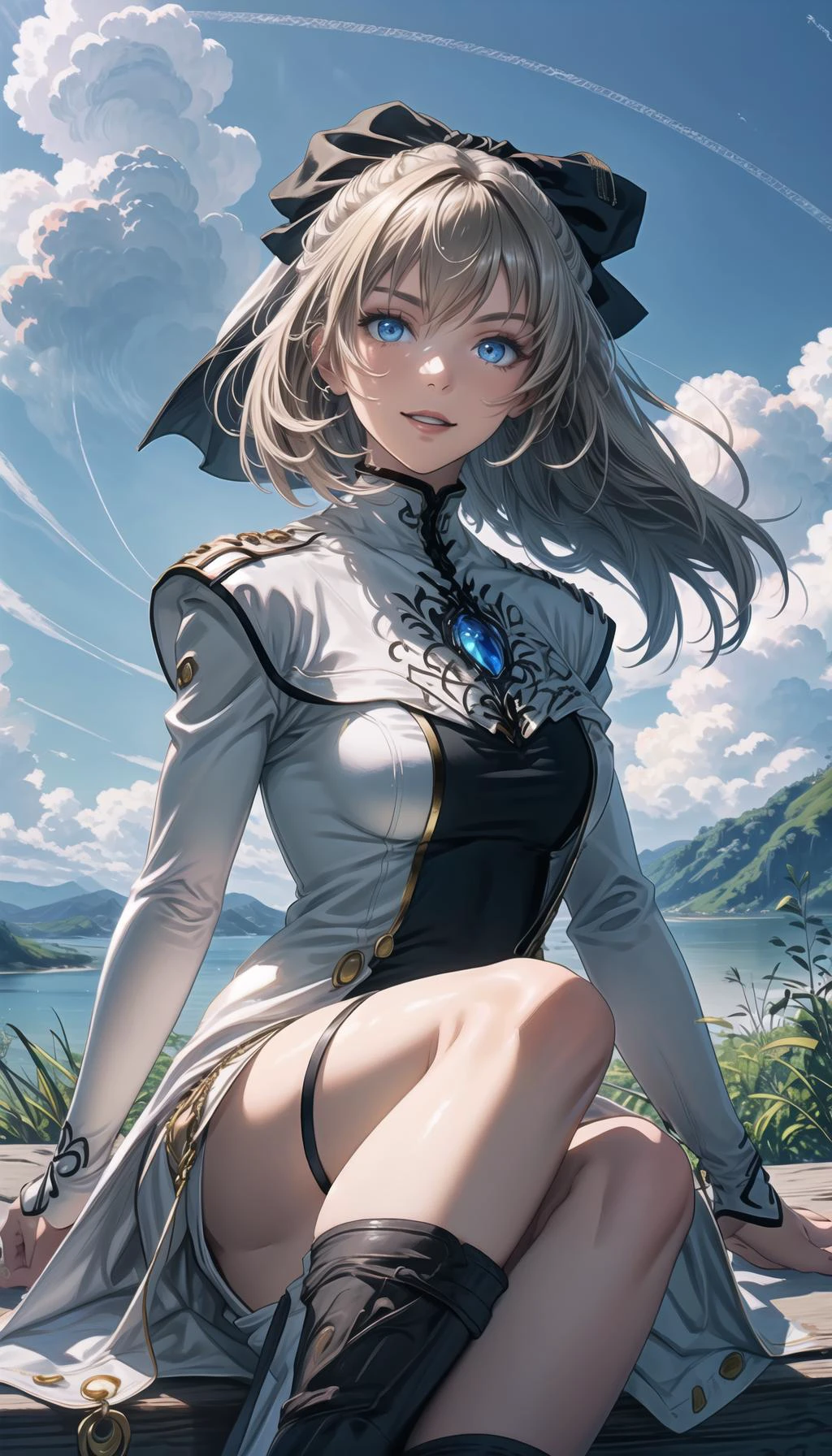 professional art of a dreaming girl, looking to a far,
cyrille, hair ribbon, white coat, long sleeves, black dress, black thighhighs, gold chains, black bow in hair, sitting,
sapphire eyes, lightblue eyes, long blond hair,
clouds sky on bg, outdoors, cloudy sky on bg, detailed background,
<lora:PAseer-SD15-LCM Quick:0.8>, <lora:add_detail:0.2>, <lora:detail_slider_v4:0.5>, <lora:cyrille-nvwls-v1:0.9>, <lora:Citadel Spices:0.3>