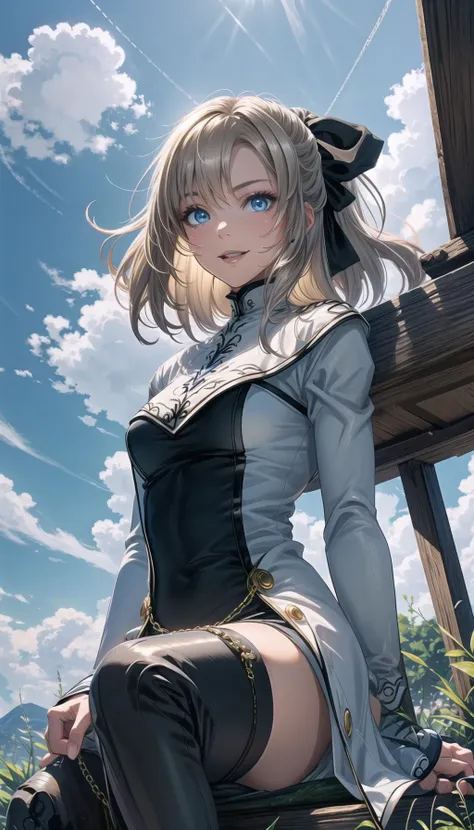 professional art of a dreaming girl, looking to a far, 
cyrille, hair ribbon, white coat, long sleeves, black dress, black thighhighs, gold chains, black bow in hair, sitting, 
sapphire eyes, lightblue eyes, long blond hair, 
clouds sky on bg, outdoors, cloudy sky on bg, detailed background, 
<lora:PAseer-SD15-LCM Quick:0.8>, <lora:add_detail:0.2>, <lora:detail_slider_v4:0.5>, <lora:cyrille-nvwls-v1:0.9>, <lora:Citadel Spices:0.3>