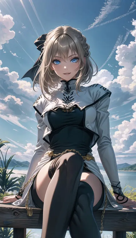 professional art of a dreaming girl, looking to a far, 
cyrille, hair ribbon, white coat, long sleeves, black dress, black thighhighs, gold chains, black bow in hair, sitting, 
sapphire eyes, lightblue eyes, long blond hair, 
clouds sky on bg, outdoors, cloudy sky on bg, detailed background, 
<lora:PAseer-SD15-LCM Quick:0.8>, <lora:add_detail:0.2>, <lora:detail_slider_v4:0.5>, <lora:cyrille-nvwls-v1:0.9>, <lora:Citadel Spices:0.3>