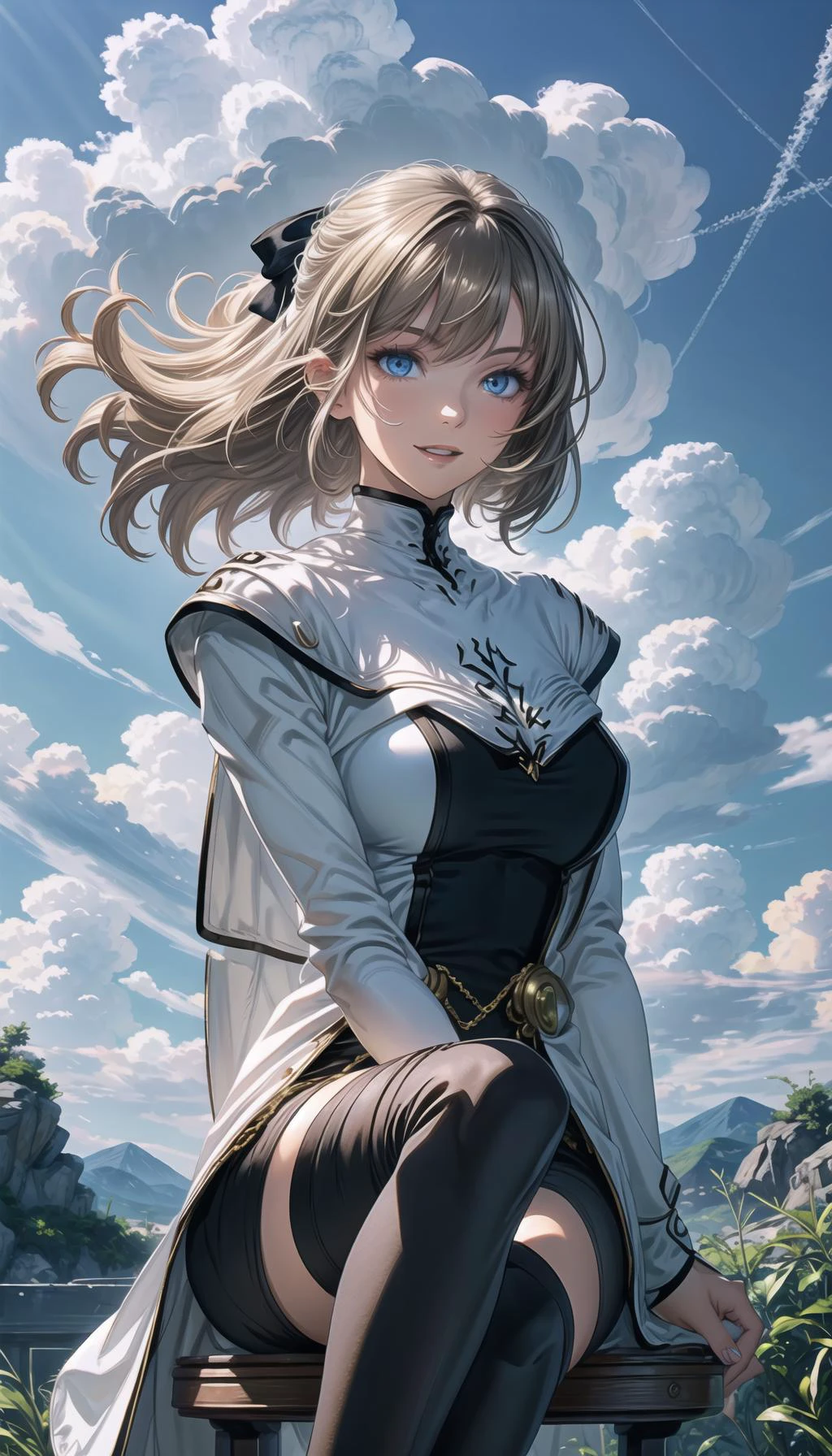 professional art of a dreaming girl, looking to a far,
cyrille, hair ribbon, white coat, long sleeves, black dress, black thighhighs, gold chains, black bow in hair, sitting,
sapphire eyes, lightblue eyes, long blond hair,
clouds sky on bg, outdoors, cloudy sky on bg, detailed background,
<lora:PAseer-SD15-LCM Quick:0.8>, <lora:add_detail:0.2>, <lora:detail_slider_v4:0.5>, <lora:cyrille-nvwls-v1:0.9>, <lora:Citadel Spices:0.3>