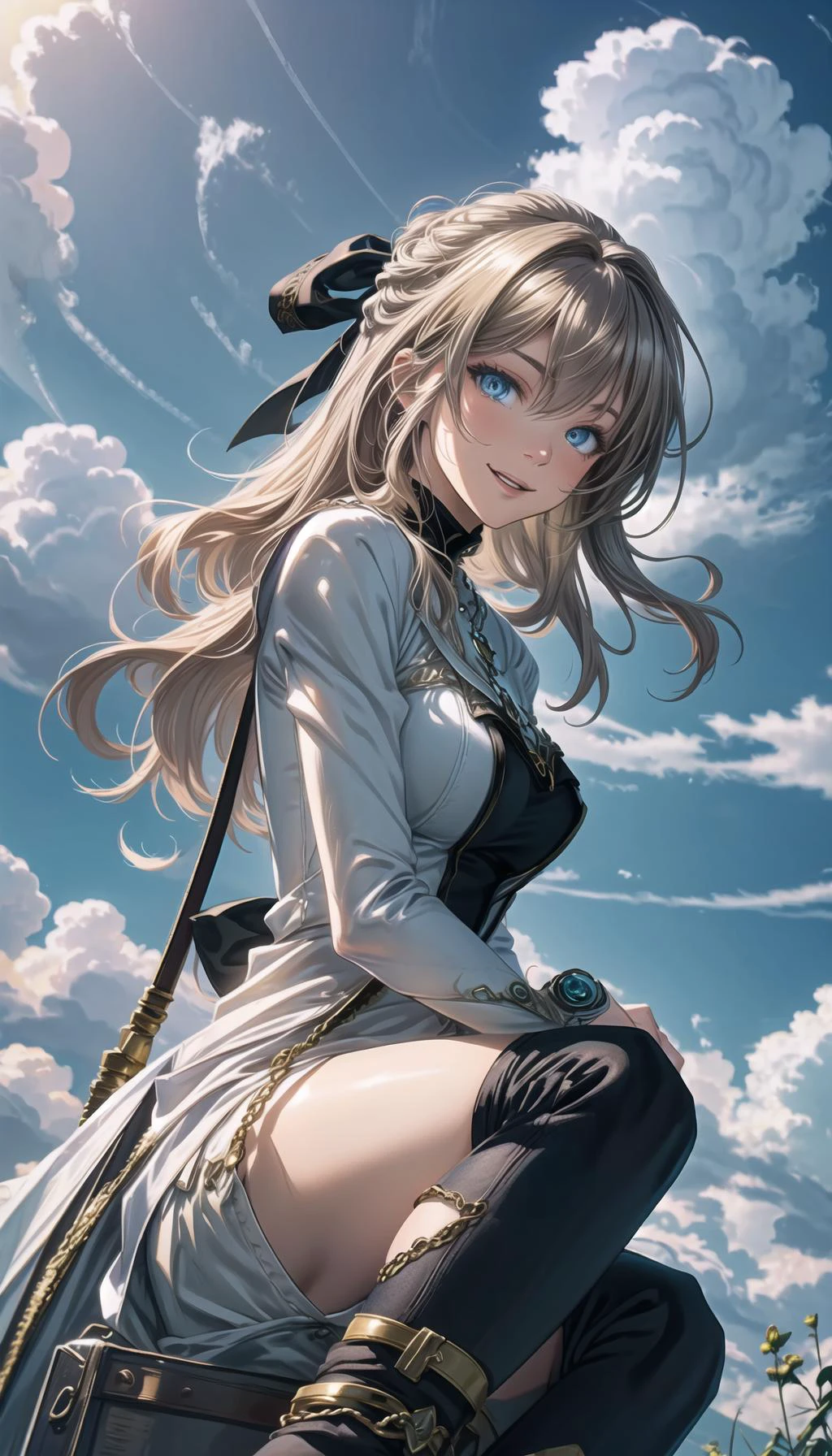 professional art of a dreaming girl, looking to a far,
cyrille, hair ribbon, white coat, long sleeves, black dress, black thighhighs, gold chains, black bow in hair, sitting,
sapphire eyes, lightblue eyes, long blond hair,
clouds sky on bg, outdoors, cloudy sky on bg, detailed background,
<lora:PAseer-SD15-LCM Quick:0.8>, <lora:add_detail:0.2>, <lora:detail_slider_v4:0.5>, <lora:cyrille-nvwls-v1:0.9>, <lora:Citadel Spices:0.3>