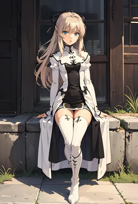 (masterpiece, best quality), 1girl,   <lora:cyrille-nvwls-v1:0.8> cyrille, long hair, hair ribbon, white coat, long sleeves, black dress, black thighhighs, white boots