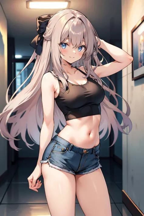 masterpiece, best quality, <lora:cyrille-nvwls-v1-000009:0.9> cyrille, long hair, hair ribbon, blue tank top, midriff, short shorts, smile, hallway, looking at viewer