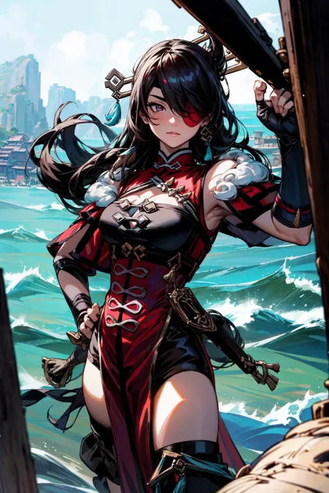((masterpiece)),(bestquality),((ultra-detailed)), (beautiful detailed face), depth of field,detailed,((beautiful detailed eyes)), big breast, (wielding a greatsword), beidoudef, eye patch, body 3:4, in a pirate boat.