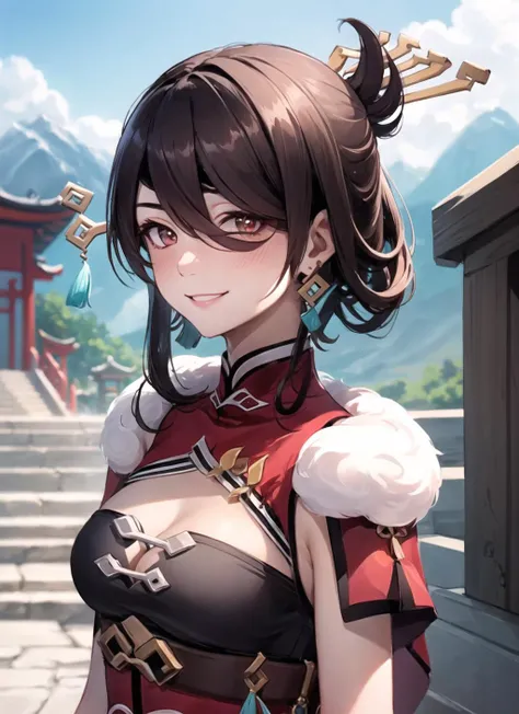 <lora:beidou1-000010:1>, beidoudef, upper body, smile, blush, outdoors, day, simple background, blue sky, short hair, sky, temple, looking at viewer, stairs, mountain, moody lighting, facing viewer,