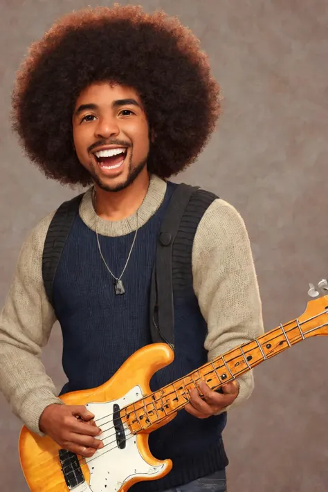 close-up photo portrait of a 45 yo african man, black afro hair, stubble, brown eyes, excited face expression, singing, red bass guitar, blue sweater, black bluesman, simple background