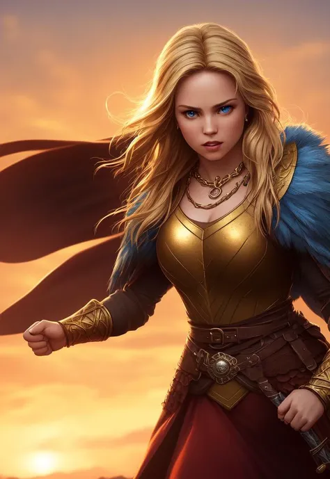 Movie, action, best quality, clear graphics, golden hour, (The detail is clear to every hair on the face), Norse Goddess fighting in a battlefield, ((wearing feathered cloak: 1.4)), (Gold necklace), (Viking maiden outfit), (perfect facial ratio), (piercing blue eyes, shiny blonde hair), perfect body, toned, ((muscle: 0.7)), ((mesomorphic frame)), photo realistic, 20 megapixel, ((vibrant, photo realistic, realistic, dramatic, sharp focus, 8k)), subsurface scattering, sharp, retouched, intricate detail, (full body)