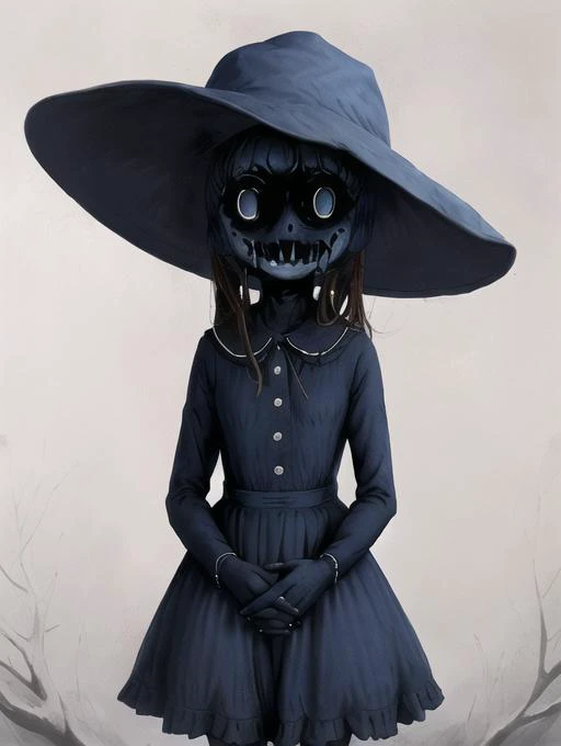 1920s girl cultist in blue dress and hat creepy<lora:creepy_LoraV1:1>