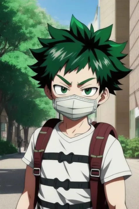 anime screencap, ((1boy)), backpack, bag, boku no hero academia, freckles, green eyes, green hair, horikoshi kouhei, mask, midoriya izuku, mouth mask, screencap, street, wall, trees