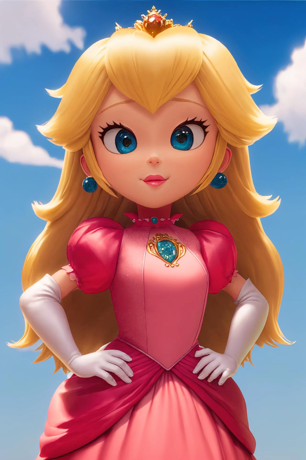 highres, masterpiece, perfect ligthing, bloom, cinematic lighting, adult, perfect skin, female, cowboy shot, smile, narrow waist, skinny, <lora:PrincessPeachMovie:0.6>, (PrincessPeach), (Princess Peach), (Pink Dress:1.2), choker, detailled eyes, blue eyes, choker, sensual, mushrooms,mushroom kingdom, pink lips, ((glossy lips)), pursed lips, pink pumps, glossy skin, oily skin, beautiful light, (day:1.3), bright,<lora:PrincessPeachMovie-000004:0.5>