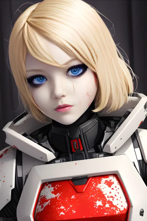 [futuristic riot police] white body armor, modern disney style, 18 year old woman, blonde_hair, ((red liquid splattered on face)), upper body, super detailed face, beautiful, detailed eyes, 4k, high quality
