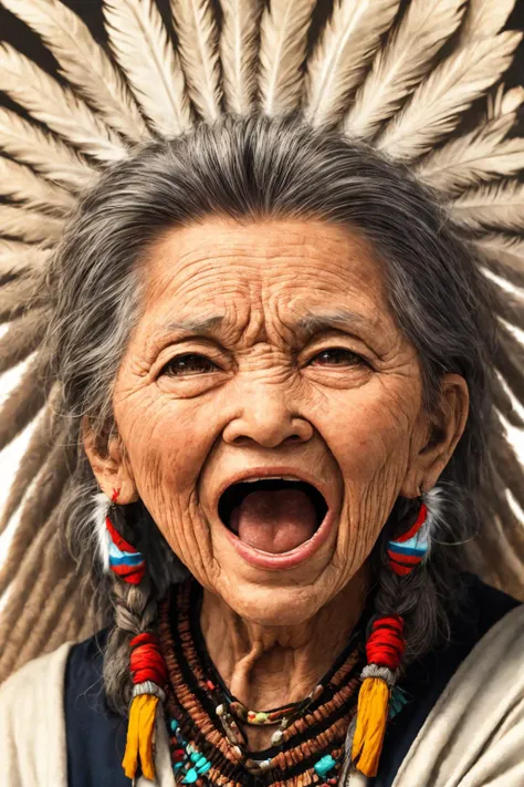 close-up photo portrait of a 100 yo old native american woman, grey hair, brown eyes, screaming face expression, twin braids, warbonnet, feathers, tribal, simple background