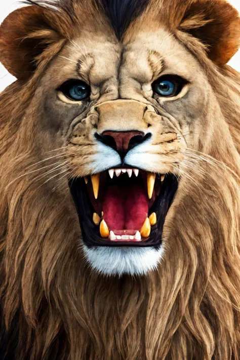 close-up photo portrait of a great red lion, blue eyes, very long lion's mane, roaring, open mouth, fangs, animal, no humans, simple background