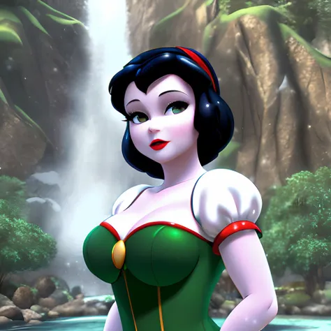 (Snow White:1.3), (Disney style:1.3), 3D render, curious expression, hair in a bun, wearing a sexy green dress, standing in front of a waterfall, super detailed face, beautiful, looking at camera, open_mouth, porn, nsfw, small boobs, small tits [boobs size:0.2], detailed eyes, 4k, high quality