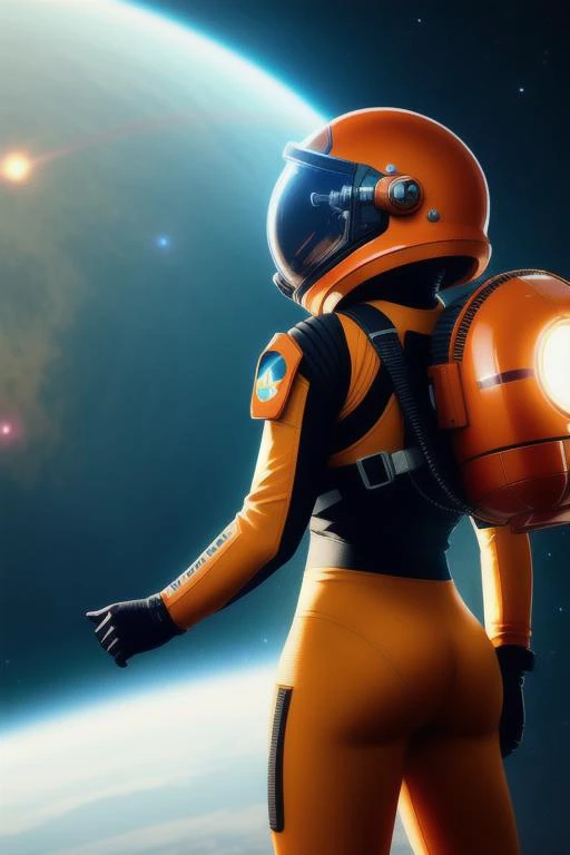 Highly detailed RAW color Photo, Rear Angle, Full Body, of (female space soldier, wearing orange and white space suit, helmet, tined face shield, rebreather, accentuated booty), outdoors, (looking up at advanced alien structure, on alien planet), toned body, big butt, (sci-fi), (mountains:1.1), (lush green vegetation), (two moons in sky:0.8), (highly detailed, hyperdetailed, intricate), (lens flare:0.7), (bloom:0.7), particle effects, raytracing, cinematic lighting, shallow depth of field, photographed on a Sony a9 II, 50mm wide angle lens, sharp focus, cinematic film still from Gravity 2013