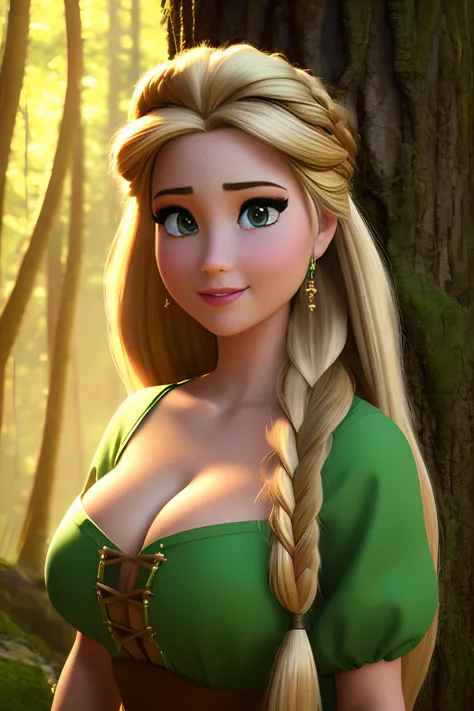 Rapunzel,(Disney art:1.1), 3d render, Forest Clearing, adventurous, wide-eyed expression, braided hair, brown boots, green dress, sunlit, surrounded by woodland creatures, holding a paintbrush and canvas, capturing the beauty of nature, super detailed face, beautiful, looking at camera, open_mouth, porn, nsfw, small boobs, small tits [boobs size : 0.2], detailed eyes, 4k, high quality