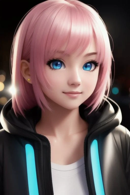 manga, masterpiece, best quality, half body, portrait, night city, 1girl, anime, 3D, Japan, pixar, realistic, teen girl, smiling, cute face, harajuku fashion style, rain coat, beautiful, colourful, neon lights, cyberpunk, smooth skin, illustration, artstation, painting by stanley artgerm lau, sideways glance, foreshortening, extremely detailed 8K, smooth, high resolution, ultra quality, highly detail eyes, highly detail mouth, highly detailed face, perfect eyes, both eyes are the same, true light, glare, Iridescent, Global illumination, real hair movement, real light, real shadow, real face, hd, 2k, 4k, 8k, 16k, realistic light, realistic shadow, bright Eyes, fluorescent eyes, soft light, dream light