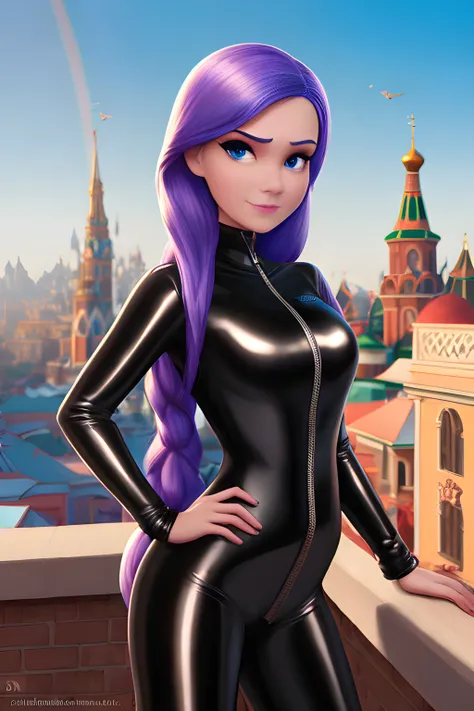 [[russian spy assassin]] rooftop_patio, disney pixar movie, 20 year old woman, disney artwork, long_rainbow_hair, [[wearing tight black shiny jump suit, unizipped]] upper body, super detailed face, beautiful, looking at viewer, [open_mouth], smiling, detailed eyes, 4k, high quality
