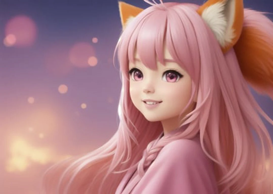 (manga, anime, disney style, pixar style, modern disney style),masterpiece, best quality, highly detailed, 1girl, solo, (:3:0.9), animal ear fluff, animal ears, orange hair, fluffy hair, blush, brown eyes, flower, fox ears, (fox girl:1.1), gradient, gradient background, hair flower, hair ornament, japanese clothes, kimono, looking at viewer, miko, smile, solo, white kimono, beautiful lighting,((pink hair:1.5)),positive,even,catty