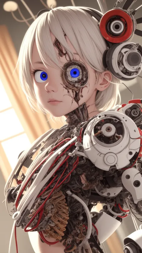 pixar, disney artwork, absurdres, detailed eyes, distinct pupils, anime eyes, absurdres, best quality, (dissection:1.3) of a (damaged:1.2) (machine:1.1) with white hair and beautiful detailed red eyes, she has a (mechanical (heart:1.1):1.1) and a (dirty face:1.2), with exposed wires and tubes, internal mechanical parts exposed from injury and short circuit, suffering heavy damage, being disassembled, natural light, light tracing, intricate circuitry, illustration, 8k wallpaper, super detailed, full body portrait,, chromatic aberration, depth of field, soft lighting, masterpiece, best quality, intricate, tone mapped, highly detailed, artstation, concept art, smooth, sharp focus, dramatic lighting, highly detailed artwork, cinematic, hyper realistic painting, trending on Artstation, 8K, incredible shadows, realistic, (highly detailed background:1.0)