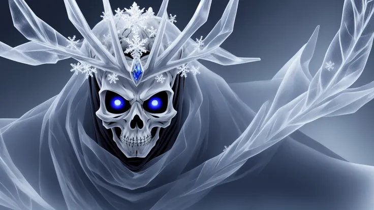 pixar, disney artwork, absurdres, detailed eyes, distinct pupils, anime eyes, absurdres, best quality, a skeletonized man with bits of flesh hanging off his bones, his skull is covered in icicles and frost, intricate carving, wearing a face mask, glowing eye sockets, wearing a frozen blue crown