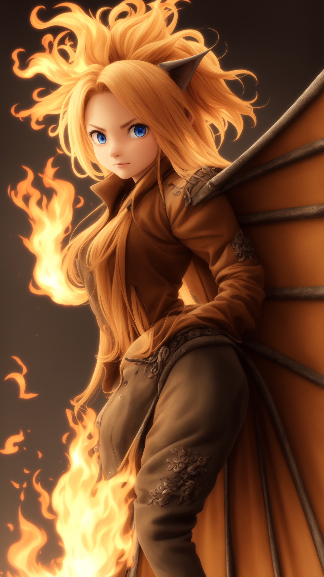 A close up of a doll with a fire on her head - SeaArt AI