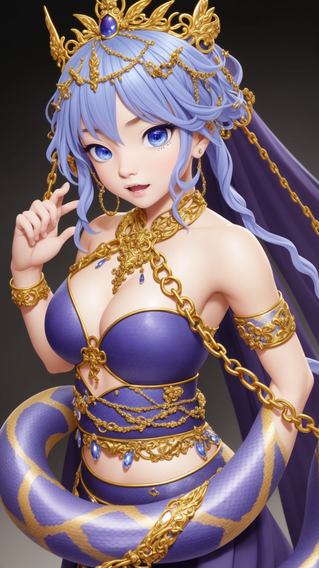 pixar, disney artwork, absurdres, detailed eyes, distinct pupils, anime eyes, absurdres, best quality, a figurine of an enormous lamia adorned in decorative gold chains, her fangs are bared and steaming poison drips from her mouth, snake tail, snake scales, photorealistic, chromatic aberration, depth of field, soft lighting, masterpiece, best quality, intricate, tone mapped, highly detailed, artstation, concept art, smooth, sharp focus, dramatic lighting, highly detailed artwork, cinematic, hyper realistic painting, trending on Artstation, 8K, incredible shadows, realistic, (highly detailed background:1.0)
