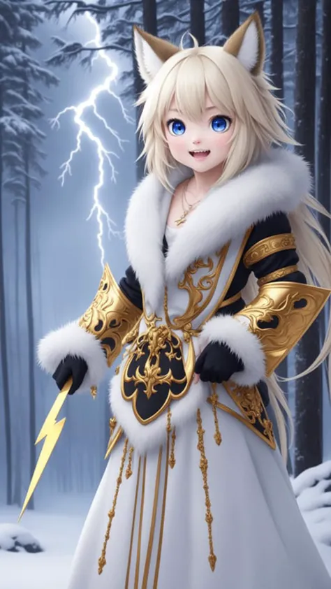 pixar, disney artwork, absurdres, detailed eyes, distinct pupils, chibi, anime eyes, cute, photograph of a wolf girl, anthro girl, 1girl, snow, snowing, (ice), icicles, frozen, chilling, chilled, ominous, horror, creepy, wearing body armor made of human bones, (skull:0.9), piercings, fur details, fur pattern, fuzzy, fluffy, (lightning strike), (lightning), storm, cloudy sky, backlighting, forest, nighttime, mist, fog, full moon, detailed claws, glowing, jewelry, necklace, gold chains, (gold spikes), (fangs), smile, snarl, punk, wild hair, chromatic aberration, depth of field, soft lighting, masterpiece, best quality, intricate, tone mapped, highly detailed, artstation, concept art, smooth, sharp focus, dramatic lighting, highly detailed artwork, cinematic, hyper realistic painting, trending on Artstation, 8K, incredible shadows, realistic, (highly detailed background:1.0)