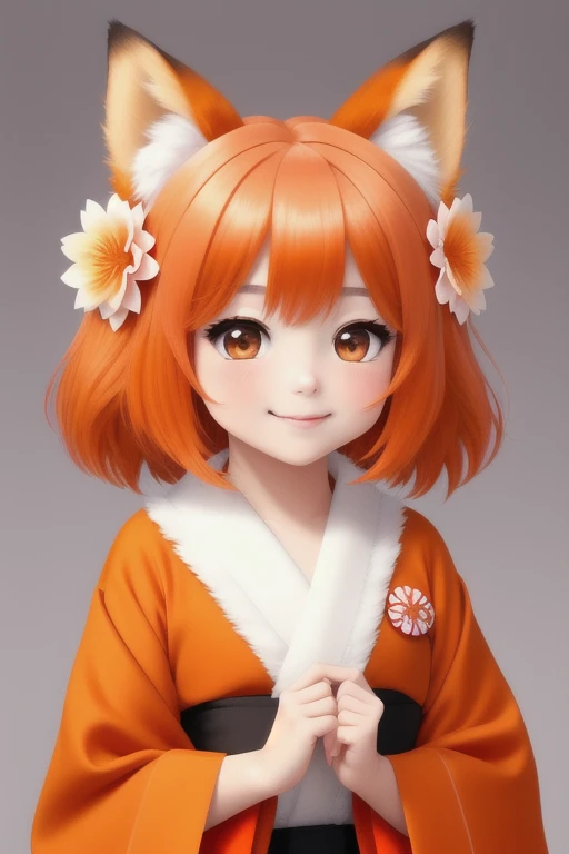 masterpiece, best quality, highly detailed, 1girl, solo, (:3:0.9), animal ear fluff, animal ears, orange hair, fluffy hair, blush, brown eyes, flower, fox ears, fox girl, gradient, gradient background, hair flower, hair ornament, japanese clothes, kimono, looking at viewer, miko, smile, solo, white kimono, beautiful lighting