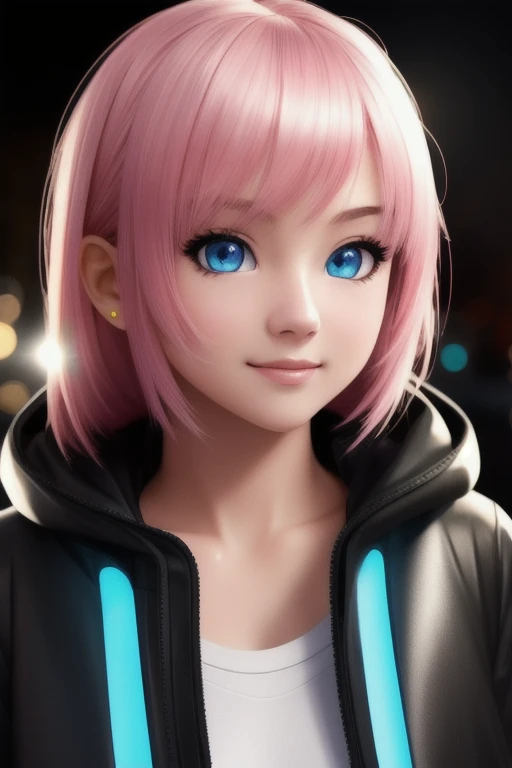 manga, masterpiece, best quality, half body, portrait, night city, 1girl, anime, 3D, Japan, pixar, realistic,  girl, smiling, cute face, harajuku fashion style, rain coat, beautiful, colourful, neon lights, cyberpunk, smooth skin, illustration, artstation, painting by stanley artgerm lau, sideways glance, foreshortening, extremely detailed 8K, smooth, high resolution, ultra quality, highly detail eyes, highly detail mouth, highly detailed face, perfect eyes, both eyes are the same, true light, glare, Iridescent, Global illumination, real hair movement, real light, real shadow, real face, hd, 2k, 4k, 8k, 16k, realistic light, realistic shadow, bright Eyes, fluorescent eyes, soft light, dream light