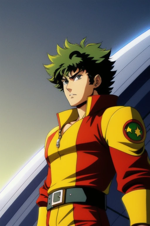 cowboy_bebop, Spike_Spiegel \(cowboy bebop\), cowboy_bebop style, spaceship, shrugging, tall, slim, dark green hair and brown eyes, suit, Spike_Spiegel, bounty hunter, on a spaceship, anime screencap, 2000s \(style\), slothful, nonchalant, indifferent, and lazy, Laid-back, fearless, and quick-thinking