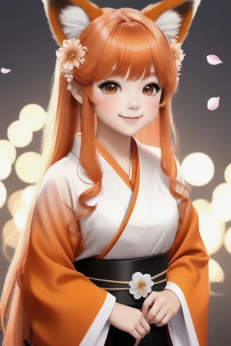 masterpiece, best quality, highly detailed, 1girl, solo, (:3:0.9), animal ear fluff, animal ears, orange hair, fluffy hair, blush, brown eyes, flower, fox ears, fox girl, gradient, gradient background, hair flower, hair ornament, japanese clothes, kimono, looking at viewer, miko, smile, solo, white kimono, beautiful lighting