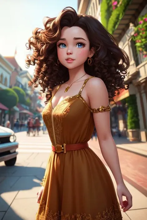 modern disney style, beautiful brunette with beautiful (curly hair), (full body portrait), highly detailed hands, daylight, (blurred background), WLOP, Rossdraws, ArtStation, CGSociety, concept art, cgsociety, octane render, trending on artstation, artstationHD, artstationHQ, unreal engine, 4k, 8k