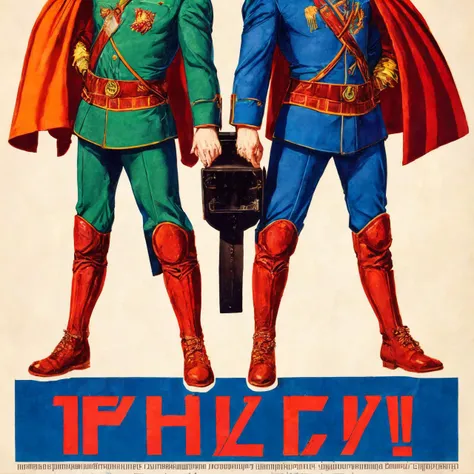 RAW photo, 8k uhd, Analog style, (Masterpiece, Best Quality, Highres:1.2), (dramatic, cinematic:0.2), (Soviet poster art:1.3), (russian (avant-garde:0.8) poster style, Soviet art style:1.2), (style of Alberto Vargas and Jon Whitcomb:1.1), BREAK,
(soviet poster, propaganda poster:1.2) art of blonde (curvy:1.2) (russian:1.2) (woman:1.2) and (muscular:1.1) redhead (man:1.3), (upper body:1.1), (standing:0.9) (holding hands:1.2), long (white shorts:1.2), (undershirt:1.2), (smile, frown:1.2), (military:0.4), (red Soviet flags:1.2), (title text:1.4), (Soviet Union, USSR, Moscow Kremlin:1.2), (heroic brave expression:1.2), (communistic:0.5) (proletariat:1.1), (hyperdetailed, absurdres:1.1), BREAK,
<lora:more_details:0.75>