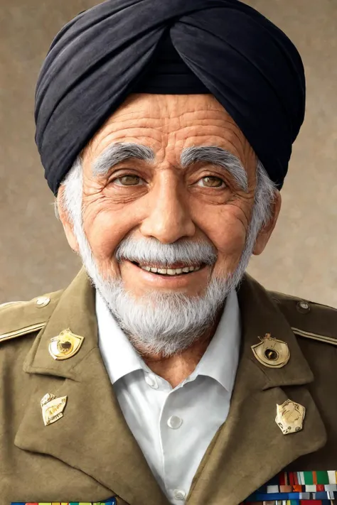 close-up photo portrait of a 80 yo aged Arab man, short grey hair, beard, black eyes, joyful face expression, turban, holding ak-47, military, simple background