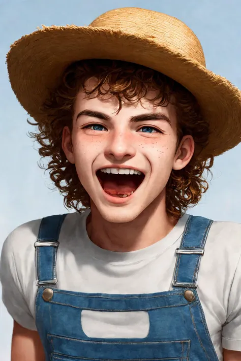 close-up photo portrait of a 20 yo european man, blond short curly hair, blue eyes, laughing face expression, freckles, denim overall, t-shirt, straw hat, farmer, simple background