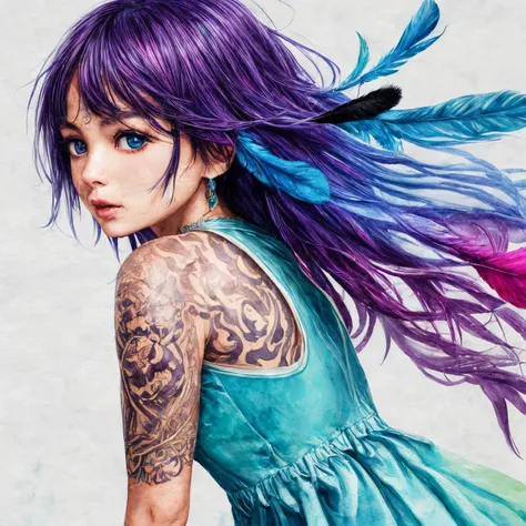 RAW photo, 8k uhd, Analog style, (Masterpiece, Best Quality, Highres:1.3), dramatic, cinematic, BREAK,
(watercolor painting:1.4) by (Agnes Cecile:1.2) of (slim:1.1) indian (girl:1.2) upper body from behind, (sundress made of feathers:1.3), cute face, (dynamic pose:1.1), (eyes:0.8), looking up, ((very long:1.1) flying blue hair:1.2) with (purple:1.1) (feather:1.4), (tattoo:1.3), (clouds, mountain, field:0.8), wind, ((colorful:1.1) watercolor blots background:1.3), (soft colors, fluid strokes, transparent layers:1.3), (hyperdetailed, absurdres, sketch:1.1), BREAK,
<lora:more_details:0.7>,