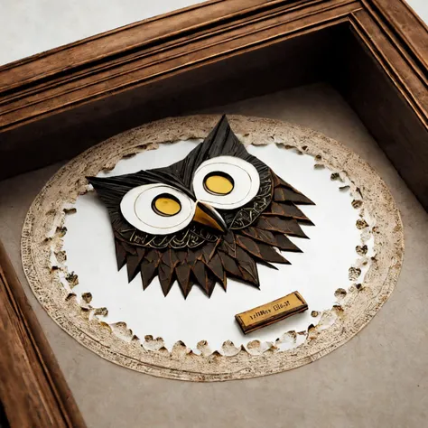 RAW photo, 8k uhd, Analog style, (Masterpiece, Best Quality, Highres:1.3), dramatic, cinematic, (paper-cut craft:1.3), BREAK,
intricate (paper-cut craft:1.4) of mysterious intricate ornamented (owl:1.4), (beige square photo-frame:0.7), circle mask, (forest, mountain:1.3), (winter, moon:0.5), (green, blue, brown, white:1.1), (black, gold:0.8), (paper-cut craft, colorful, layers, flat, fabulous, children's book:1.2), cardboard, bronze, (hyperdetailed, absurdres:1.1), BREAK,
<lora:more_details:0.1>