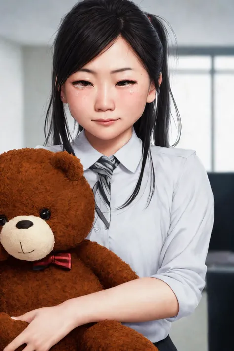 close-up photo portrait of a 30 yo asian woman, black ponytail, brown eyes, crying face expression, blush, shirt, tie, office lady, holding teddy bear, simple background