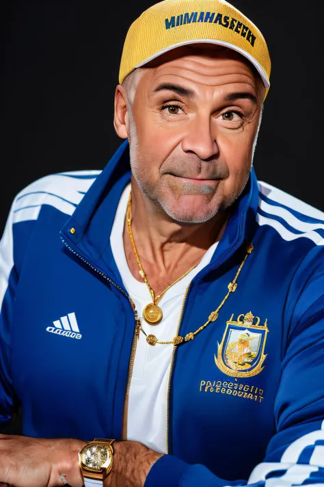 (masterpiece) (best quality)  ((professional)) portrait of Ernst wearing track suit, fiddy cap, and a golden chain, simple background, high contrast, two tone lighting  (Half portrait composition: 1.3)  fine detail, HDR, 8k uhd, <lora:Ernst_Kirchsteiger_vng:1> (oil painting: 1.3) caucasian