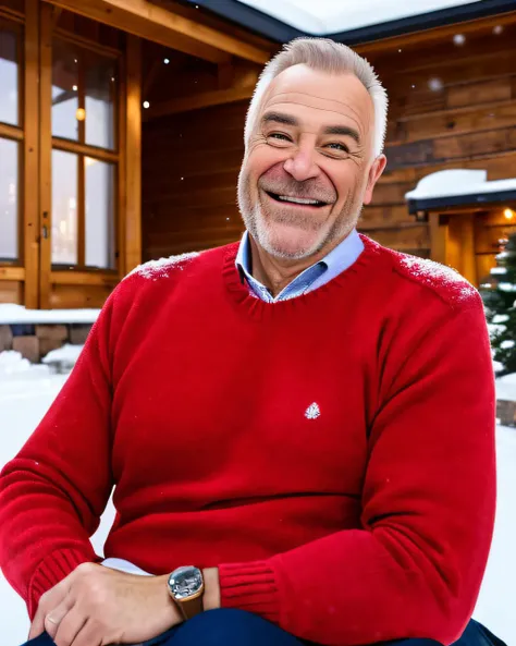 (masterpiece) (best quality) ((professional)) photograph portrait of Ernst wearing a comfy red sweater outside a lodge during a snowy afternoon(Half body composition: 1.3) fine detail, HDR, 8k uhd, <lora:Ernst_Kirchsteiger_vng:1>