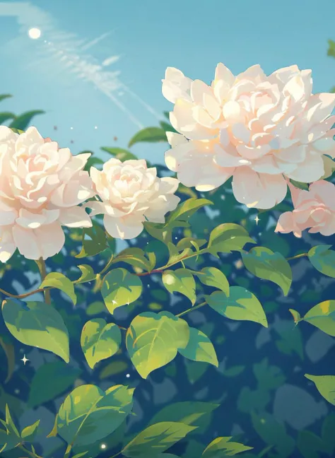 flower, no humans, pink flower, leaf, sparkle, still life, white flower, blue background, blue sky, artist name, sky, outdoors, dayï¼(illustration:1.0), masterpiece, best quality <lora:floweras_20231016212448:0.75>