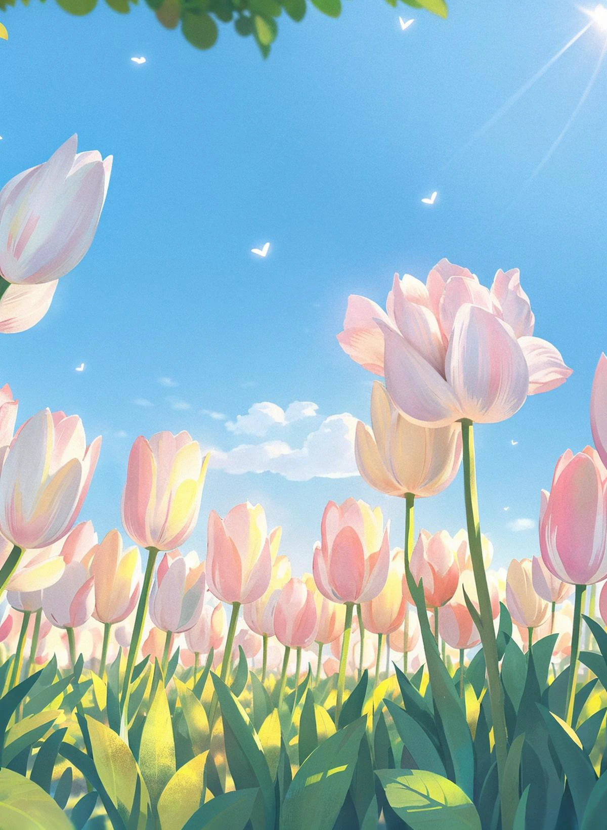 flower, no humans, pink flower, leaf, tulip, still life, plant, outdoors, day, scenery, sky, blue sky, sunlightï¼(illustration:1.0), masterpiece, best quality <lora:floweras_20231016212448:0.74>
