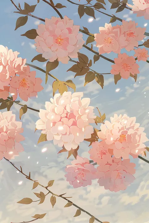 no humans, blue sky, sky, day, outdoors, branch, cherry blossoms, tree, petals, leaf, cloud, flower, still life (illustration:1.0), masterpiece, best quality <lora:floweras_20231016212448:0.8>