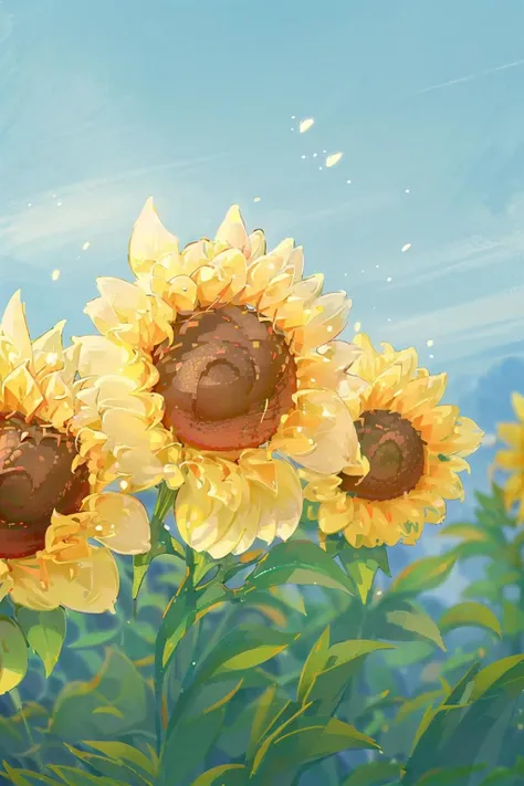 flower, holding flower, sunflower, outdoors, holding, sky, yellow flower, day, blue sky, leaf, out of frame, male focus, orange flower, plant, still life (illustration:1.0), masterpiece, best quality <lora:floweras_20231016212448:0.8>