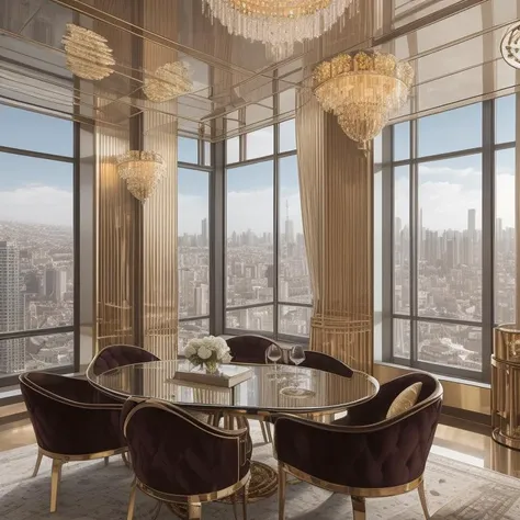 A luxurious penthouse apartment with panoramic views of the city. The space is filled with gleaming metal accents, plush velvet furnishings, and art deco light fixtures. Large windows offer breathtaking views, while the sleek kitchen and sumptuous bedroom complete the lavish lifestyle., Radial, graphic light, spill light, <lora:epiNoiseoffset_v2Pynoise:2>