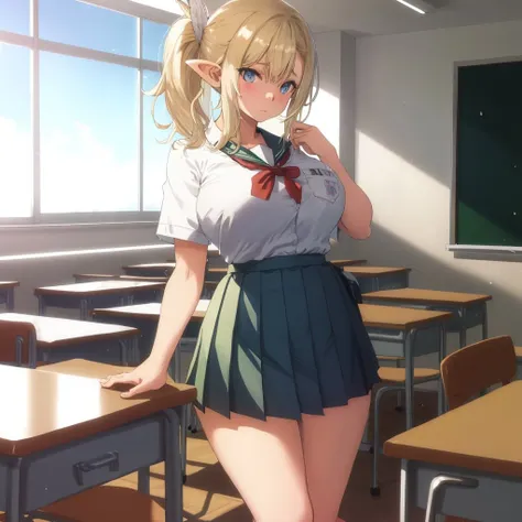 (A beautiful young Japanese woman), nsfw, Detailed Background, (((独奏))), ((Excellent anatomy: 1.2)), (Blonde, ponytail), Big Tits, (dark skin:1.8), (green eyes), (Beautiful Eyes), (((Cheerleader uniform))), (cleavage), (White panties:1.5), grin, Earrings, sitting on a chair in the classroom, Beautiful thighs, spread legs, (lift skirt:1.5), panty shot, Place your hands behind your head,
