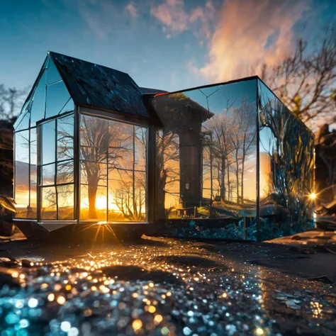 glassworld, cinematic still, hdr, raw photo of a house made out of reflecting glass, sunset, , 4k, uhd, masterpiece