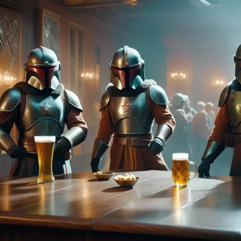 cccp, glassworld, raw photo cinematic still, rule of thirds, 8k, hdr, group of mandalorians wearing helmets, dressed in traditional russian shirts dancing kalinka malinka, with glass mugs of beer in hand