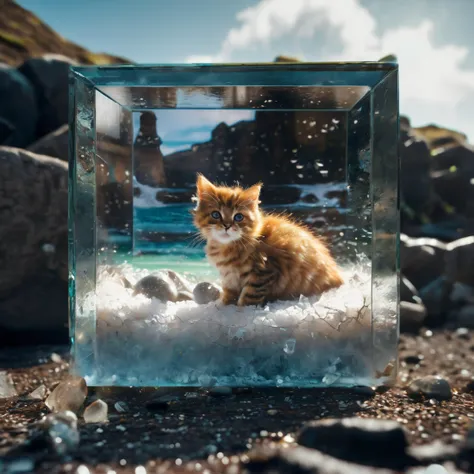 glassworld, cinematic still, hdr, raw photo of a kitten trapped in a glass laying on a beach
, 4k, uhd, masterpiece